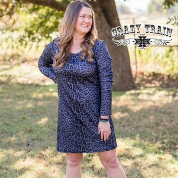 Crazy Train Western Black & Gray Leopard Longsleeve Midi Dress Strappy Back - Picture 8 of 10
